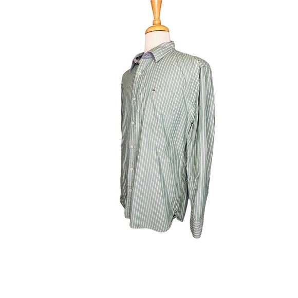 Tommy Hilfiger Mens Striped Button Up Long Sleeve Shirt Green and White Shirt - Picture 6 of 11
